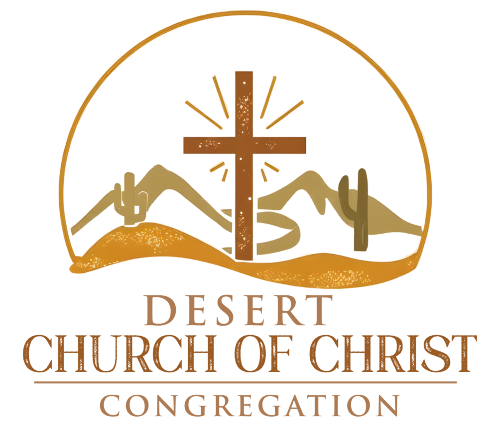 Church of Christ Desert Congregation logo. Brown church with a cross, desert scene, and tan text.
