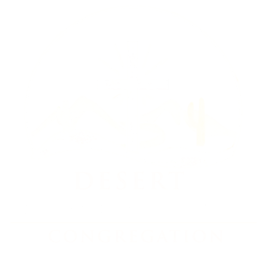 Church of Christ Desert Congregation logo. Brown church silhouette with cross, cacti, text.