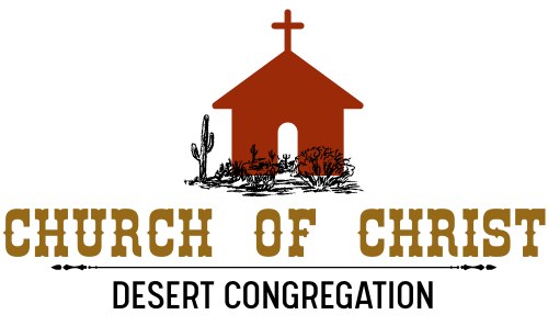 Church of Christ Desert Congregation logo. Brown church with a cross, desert scene, and tan text.