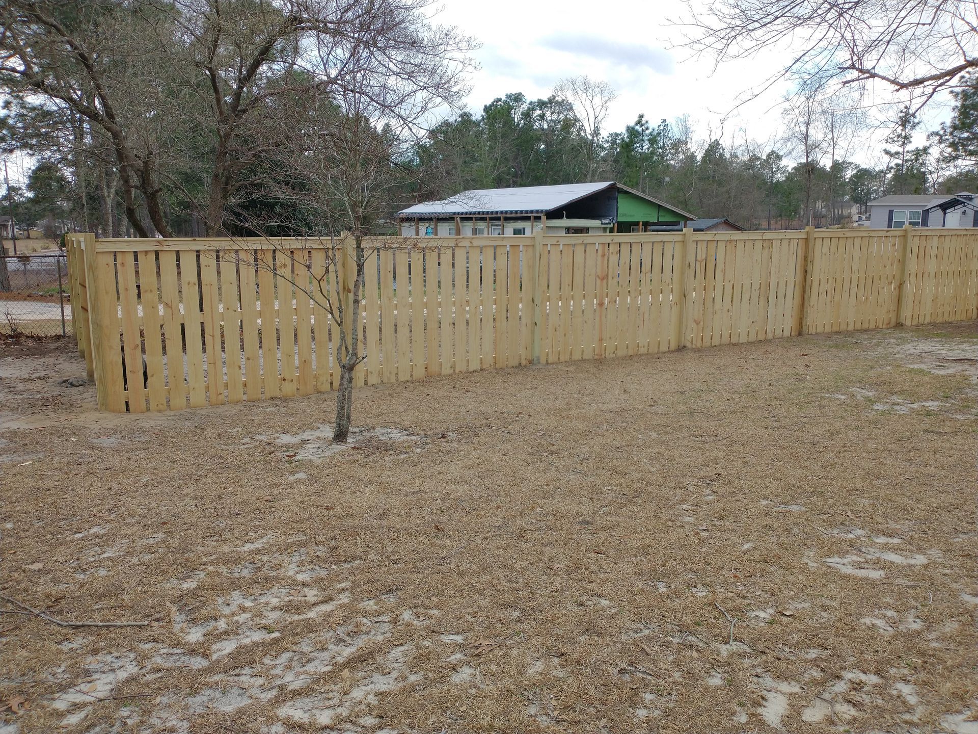 A wooden fence surrounds a dirt yard with a house in the background.