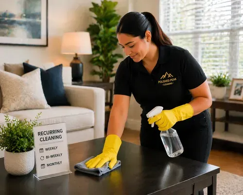 Cleaner in black polo and yellow gloves wipes a coffee table in a bright living room.