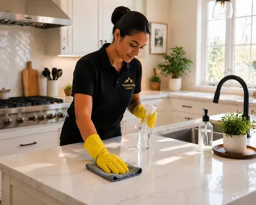 Woman cleaning a marble kitchen counter with a spray bottle and cloth, wearing yellow gloves.