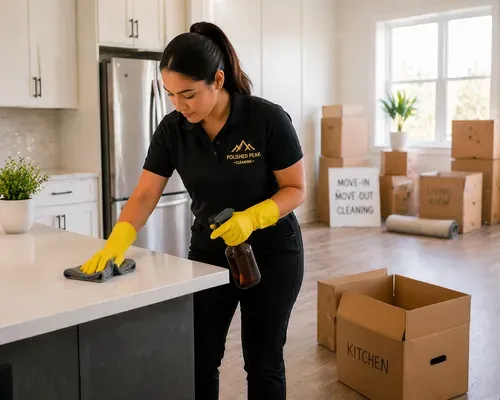 Person packing cleaning supplies into cardboard boxes during a move