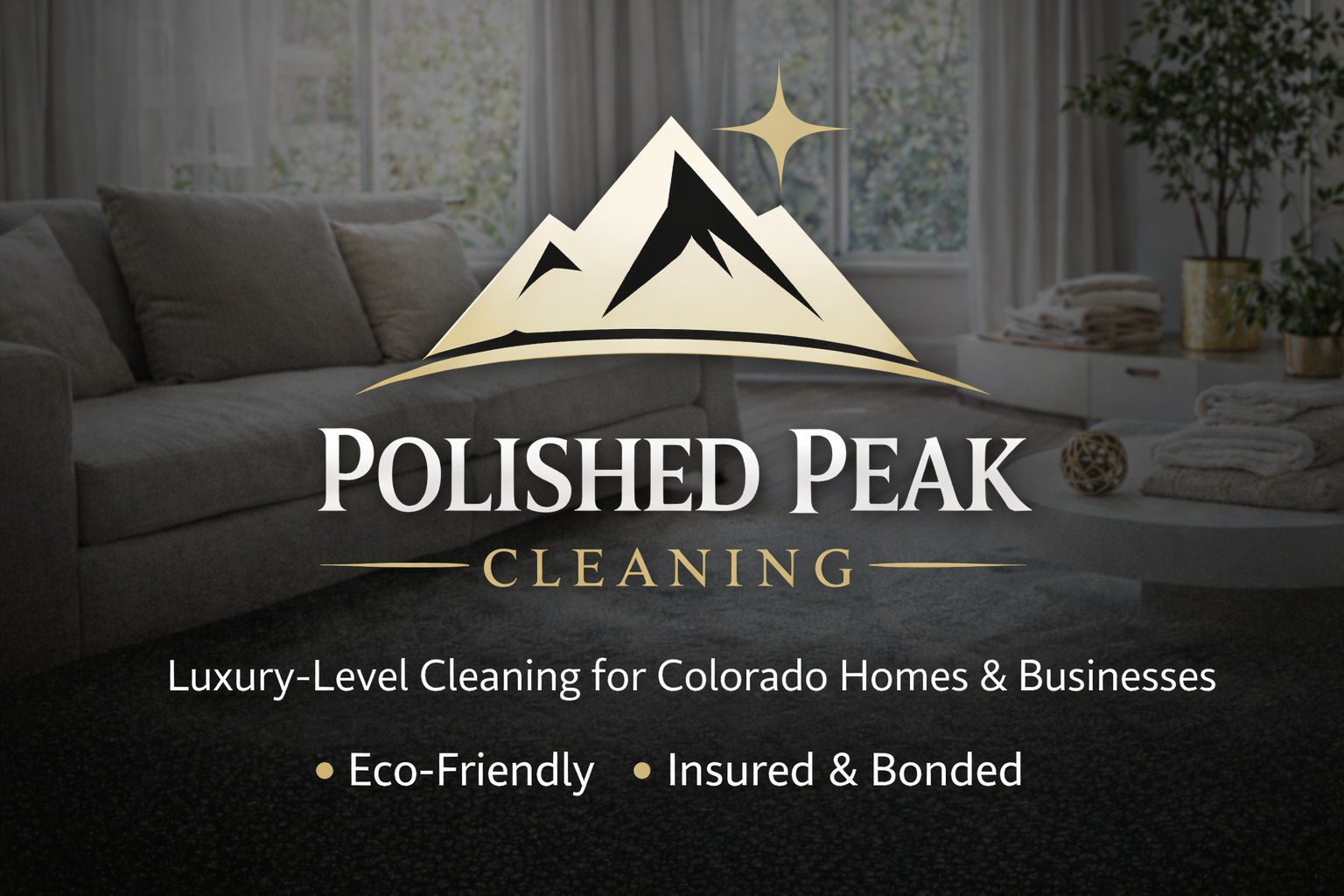 Polished Peak Cleaning logo over a living room, with luxury-level cleaning for Colorado homes and businesses.