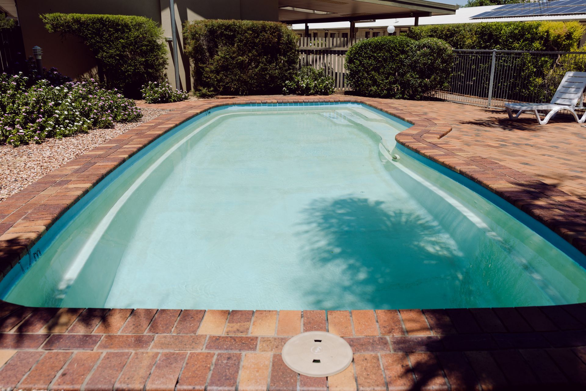 A large swimming pool is surrounded by bricks and bushes.