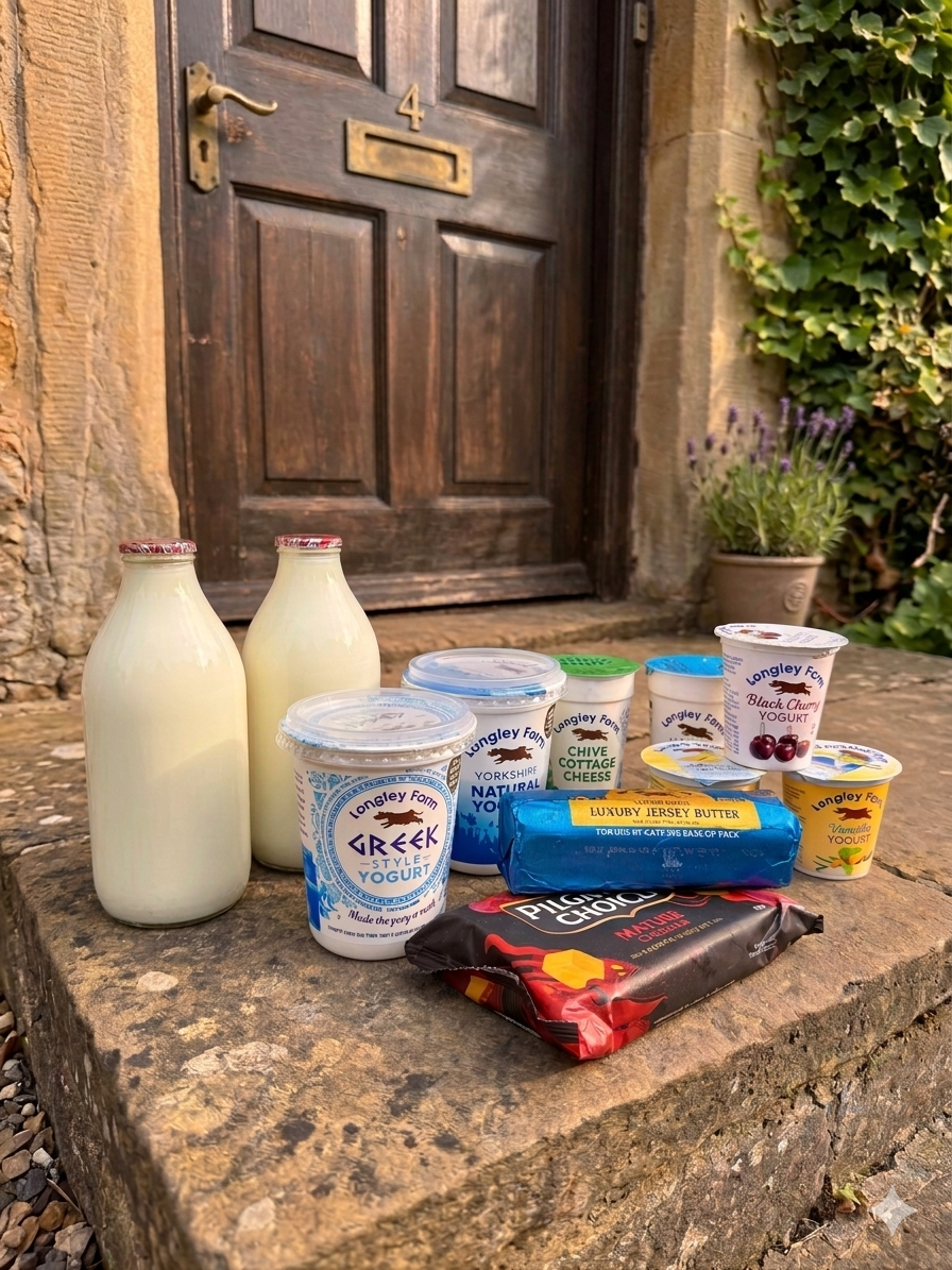 A doorstep delivery of milk in glass bottles, yogurt tubs, butter, and a chocolate bar on a stone step by a wooden door.
