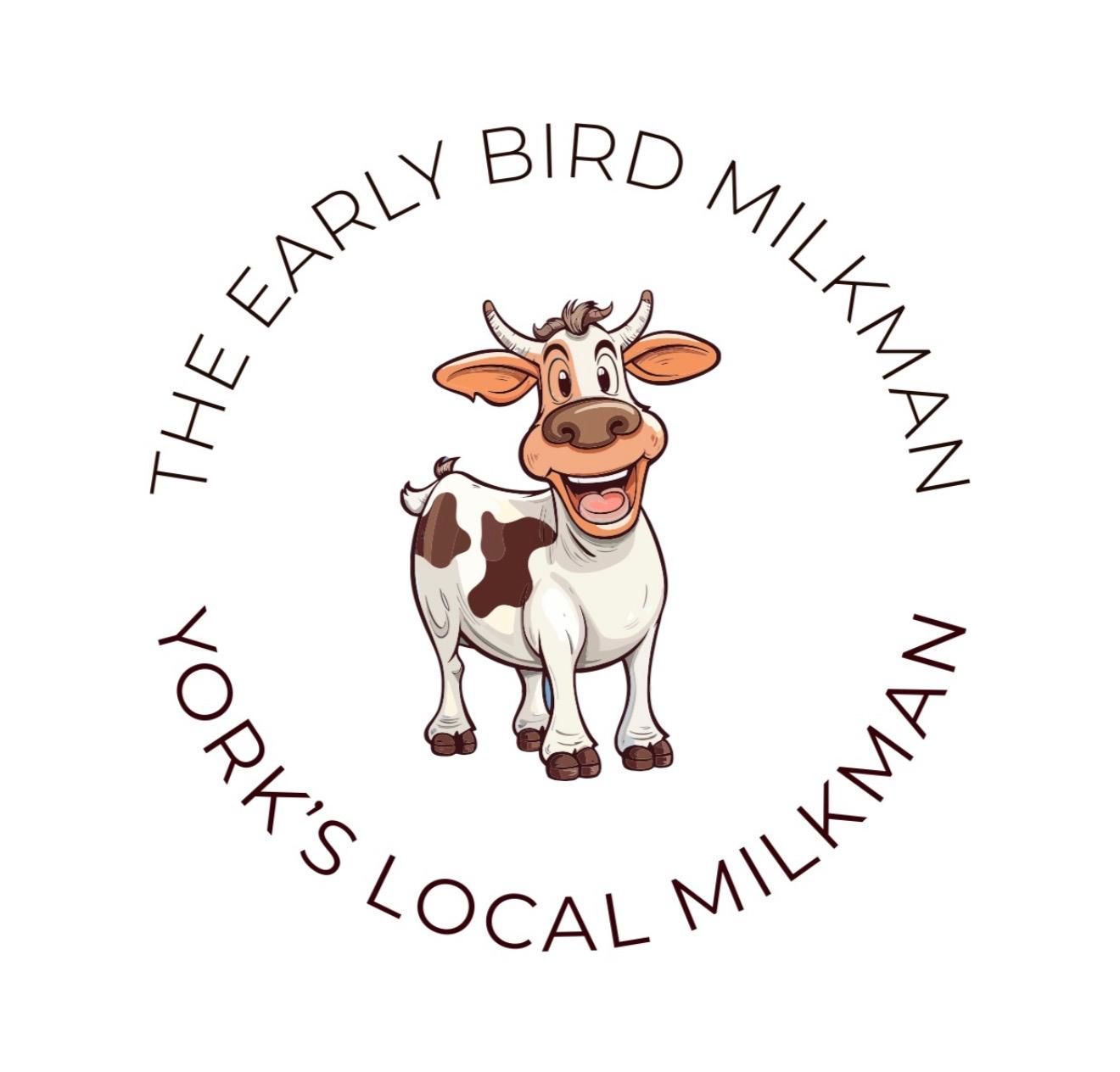 A brown and white cartoon cow in a circle with the text 