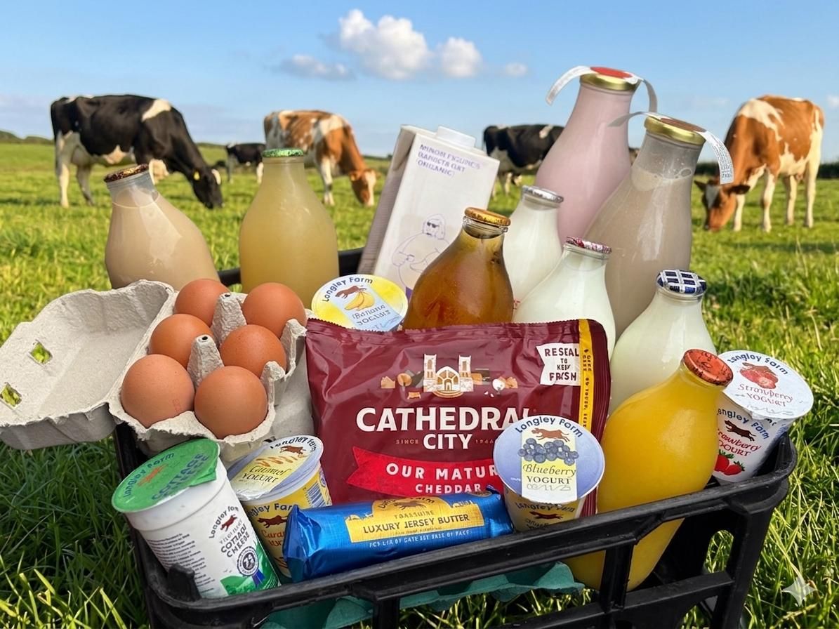 A black plastic crate filled with assorted dairy products, eggs, and fruit juice, set in a sunny, green field with grazing cows.