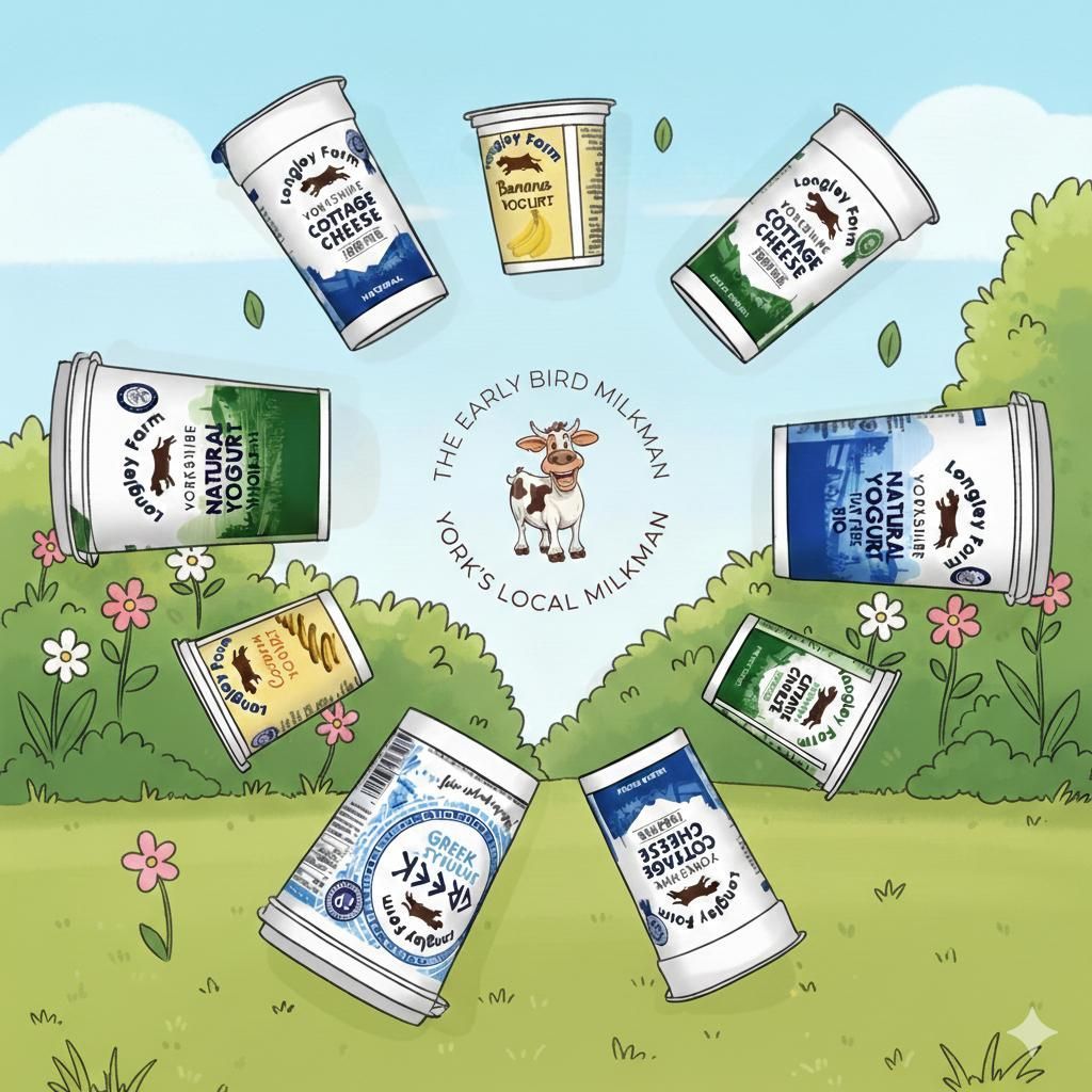 A circular arrangement of various dairy product containers around a small cow illustration in a grassy field.