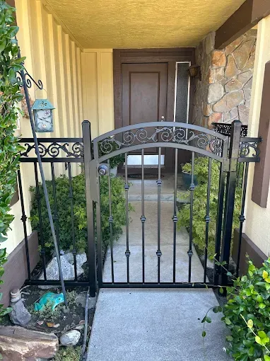 Black metal gate and fence in front of a doorway, on a concrete path with shrubs on either side.