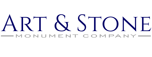 The logo for art & stone monument company is blue and white.