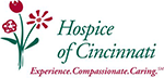 The hospice of cincinnati logo shows a flower and the words `` experience , compassionate , caring ''.