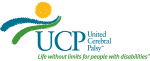 A logo for united cerebral palsy with a person and a sun