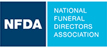 The logo for the national funeral directors association is blue and white.