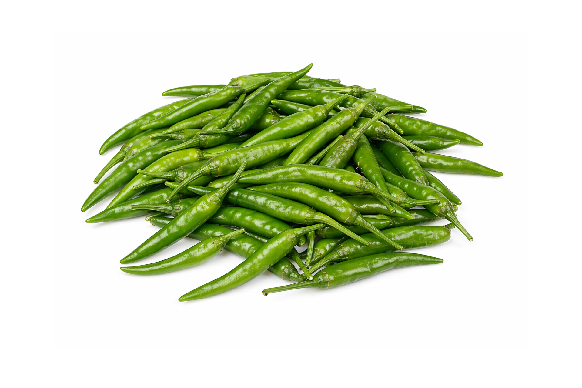Green birds eye chillies with slender glossy skins