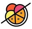 Cinco coloridas porciones de pizza dispuestas en círculo, tachadas con una línea diagonal negra.