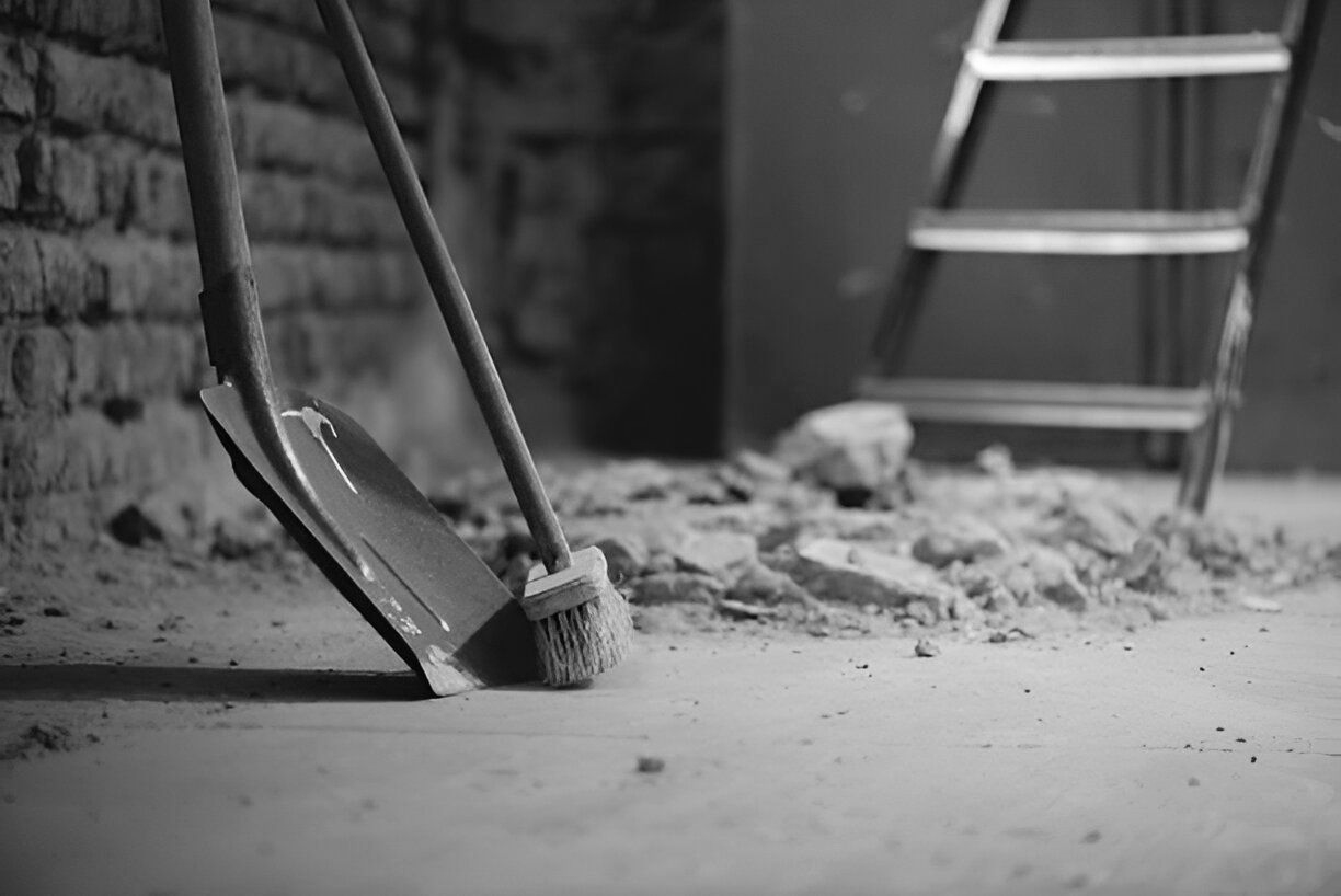 Shovel and broom resting against brick wall in a construction zone, ladder in background.