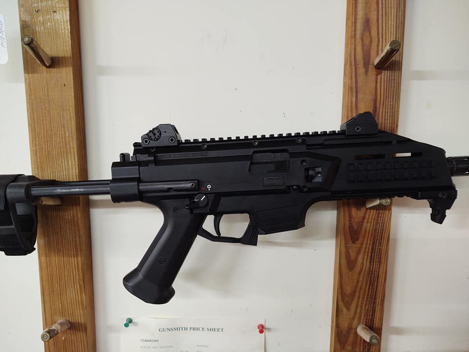 gun displayed on the wall at our gun shop serving Morehead City, Jacksonville, NC, & beyond