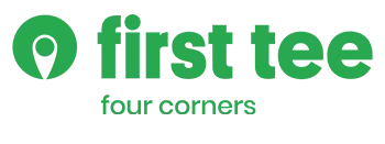 A green and white logo for first tee four corners