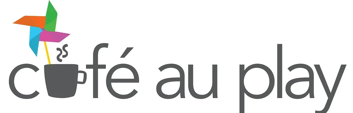 A logo for cafe au play with a cup of coffee and a windmill.
