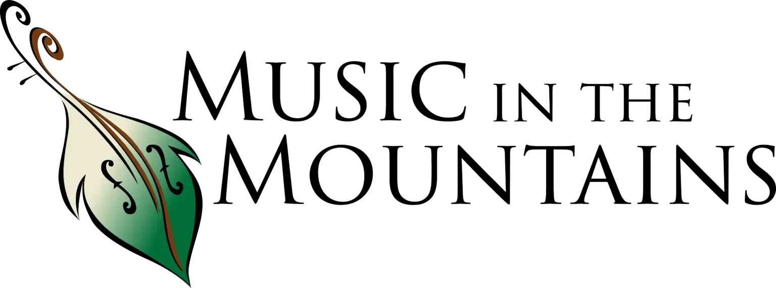 A logo for music in the mountains with a violin and a leaf
