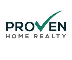 Logo for Proven Home Realty with a hand holding house keys, and a city skyline in the background.
