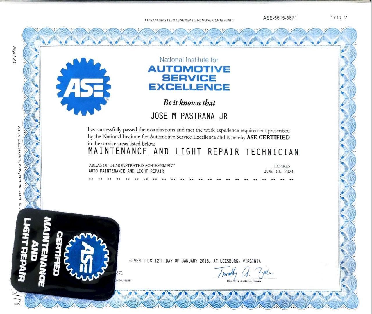 A certificate that says automotive service excellence on it