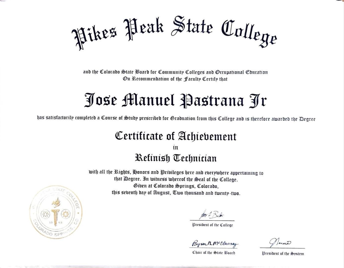 A certificate of achievement from pikes peak state college