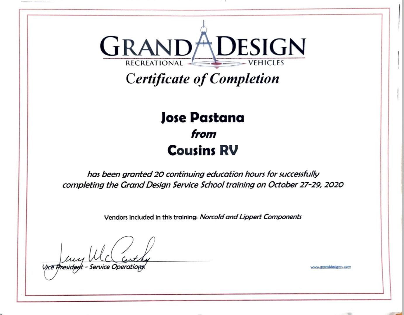 A certificate of completion for jose pastana from cousins rv