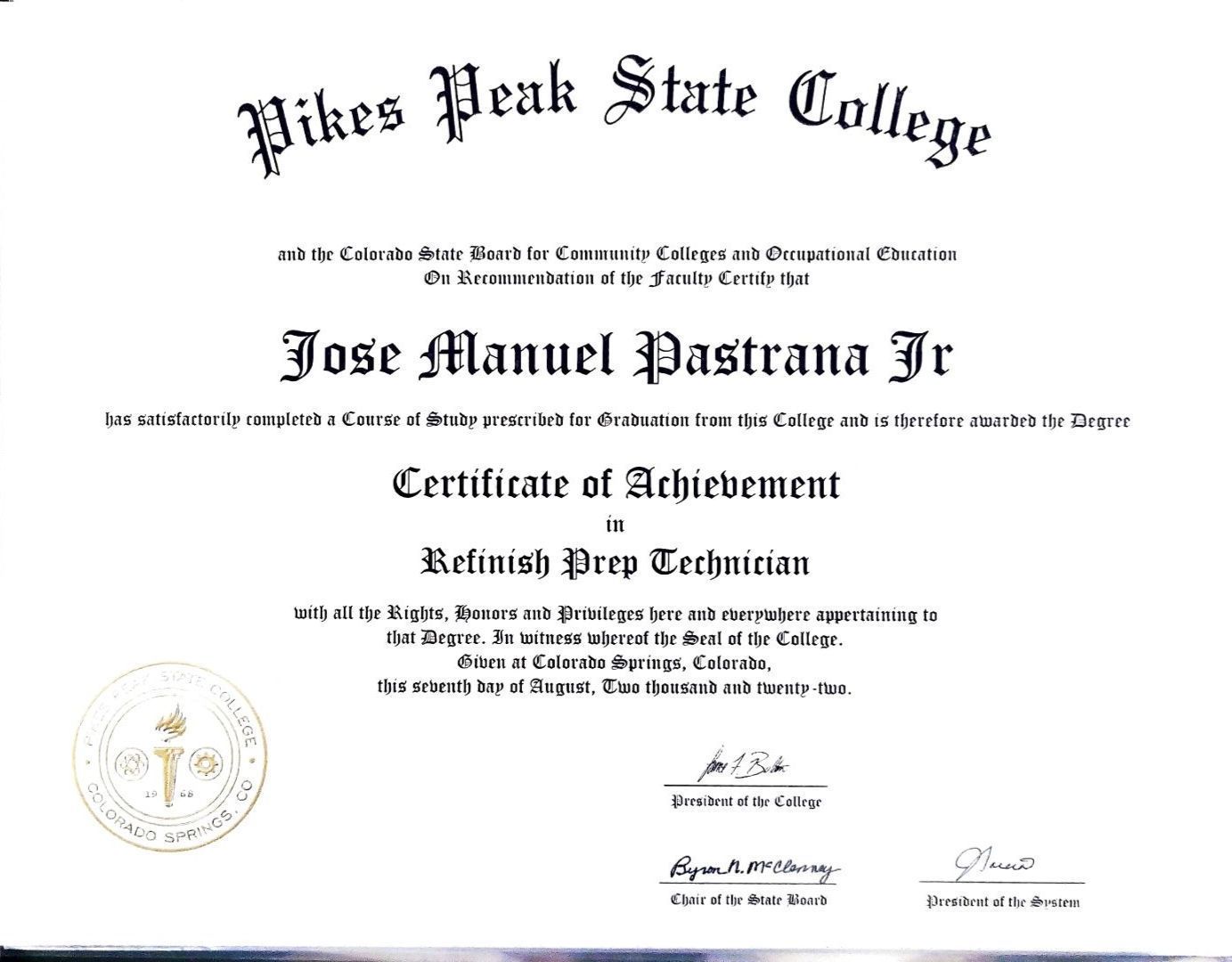 A certificate of achievement from pikes peak state college