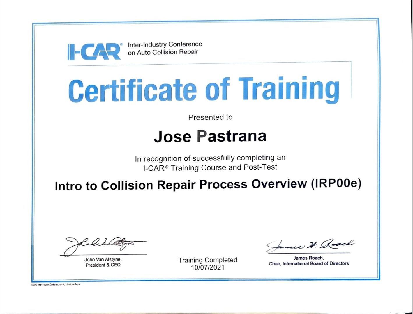 A certificate of training is presented to jose pastrana
