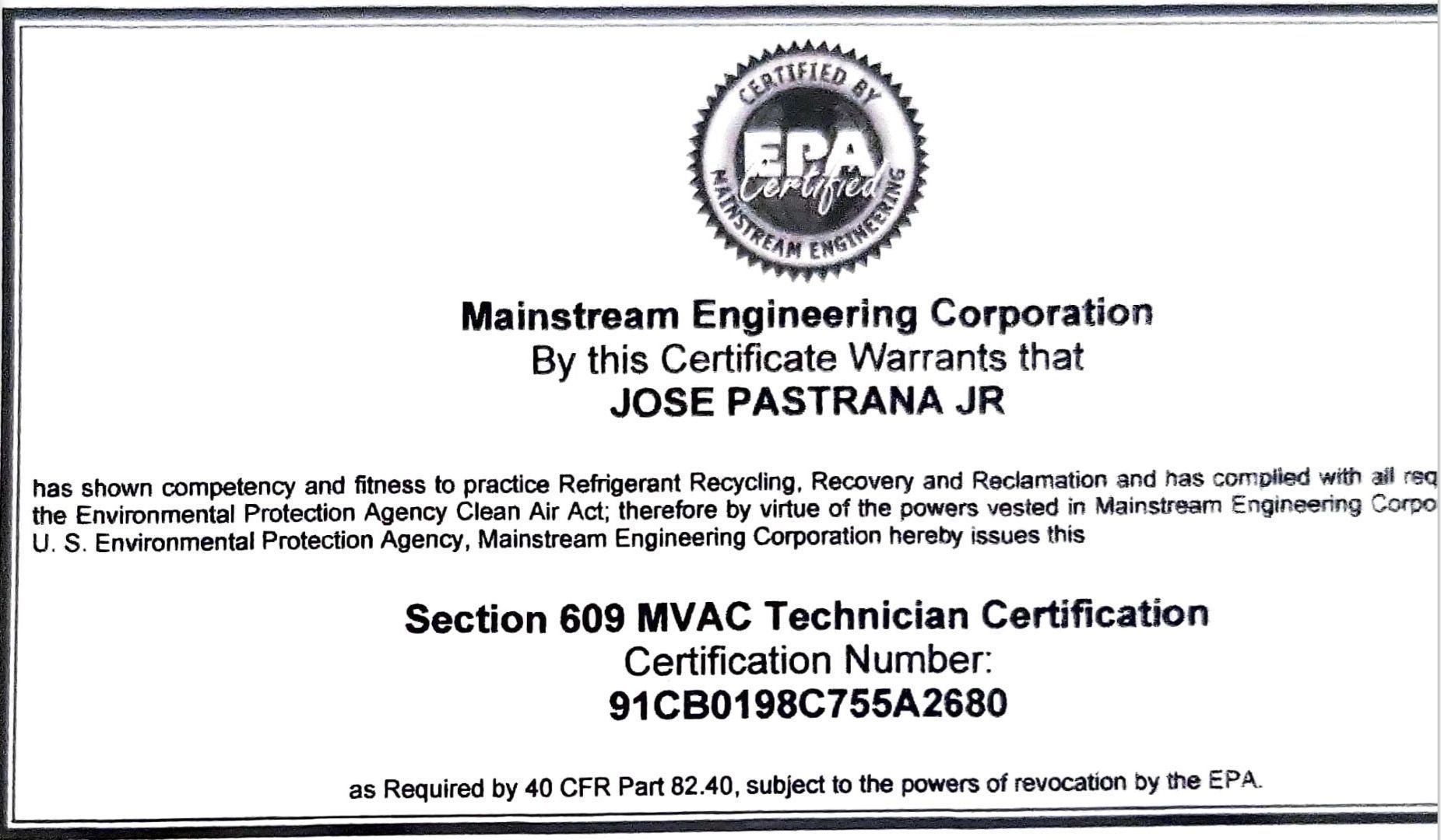 Mainstream engineering corporation by this certificate warrants that jose pastrana jr