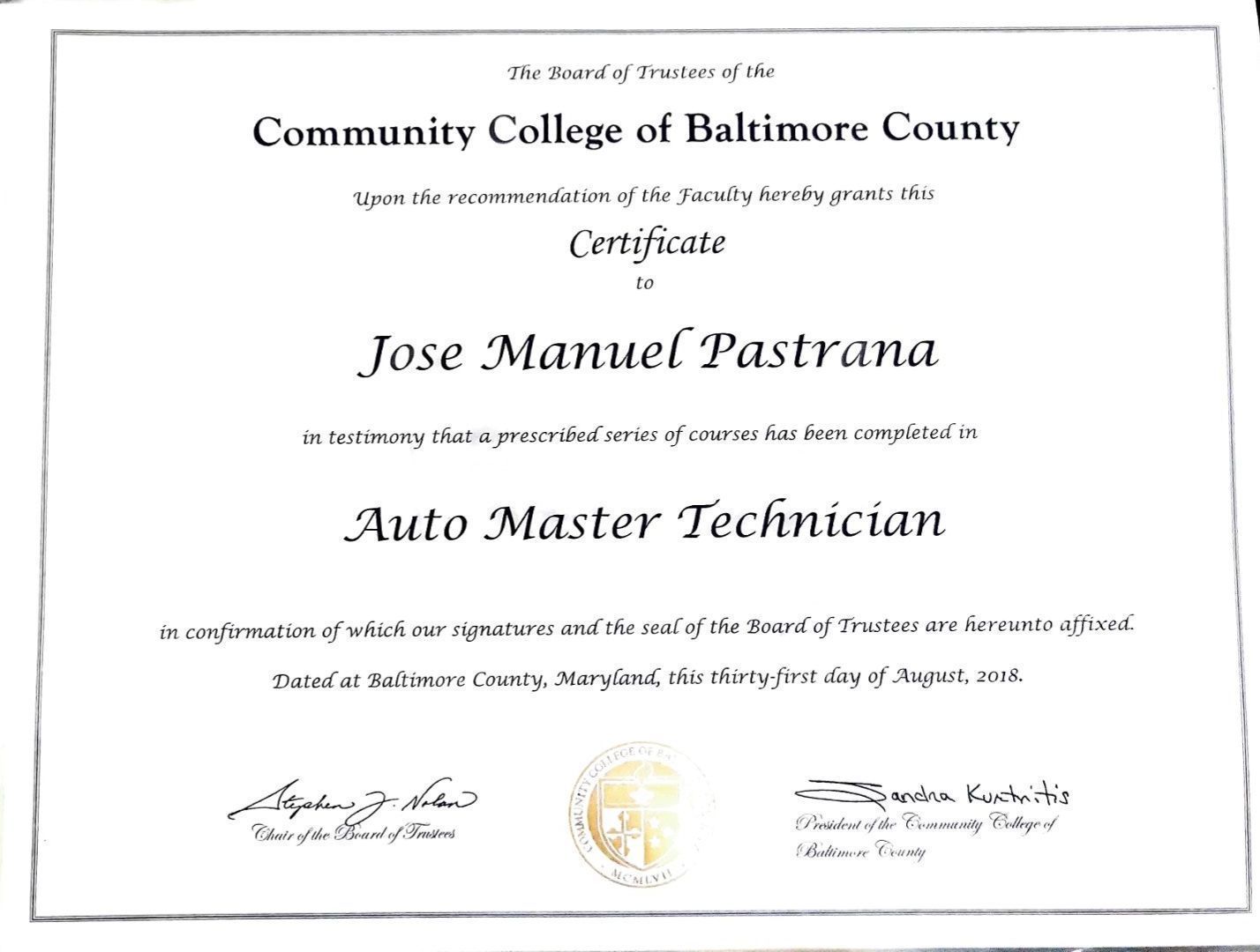 Jose manuel pastrana is a community college of baltimore county auto master technician