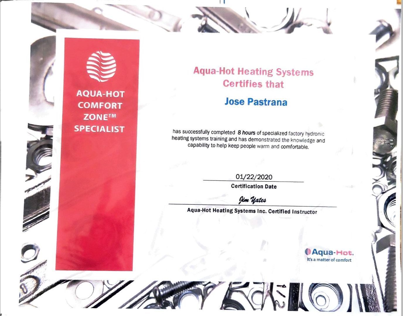 A certificate that says aqua hot comfort zone specialist