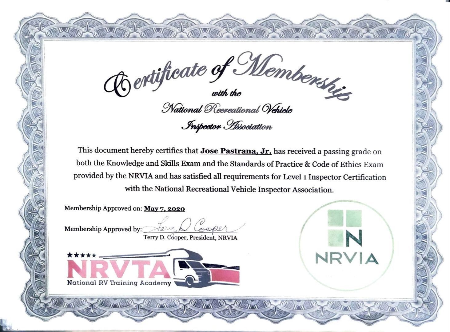 A certificate of membership from nrvia is on a white background.