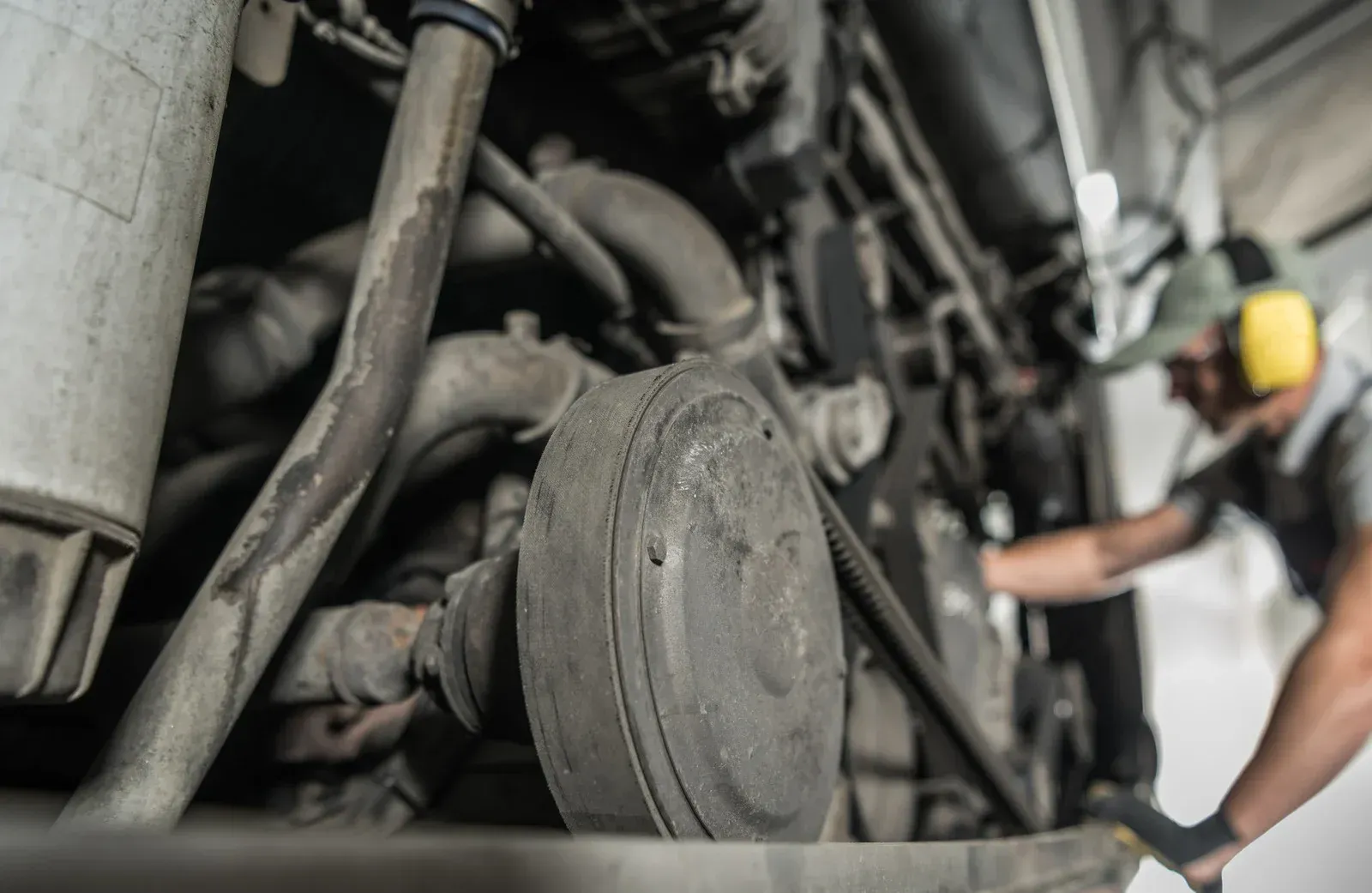 A man is working on the engine of a truck in a garage.