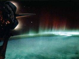 View from space of Earth's glowing blue-green atmosphere with vivid red auroras.