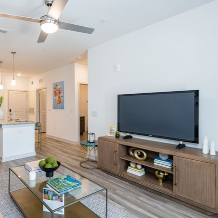 Living room with TV, light wood cabinet, glass coffee table, and ceiling fan.