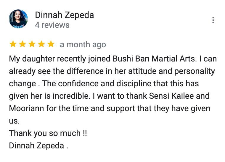 A review of a person 's daughter joining bushi ban martial arts.