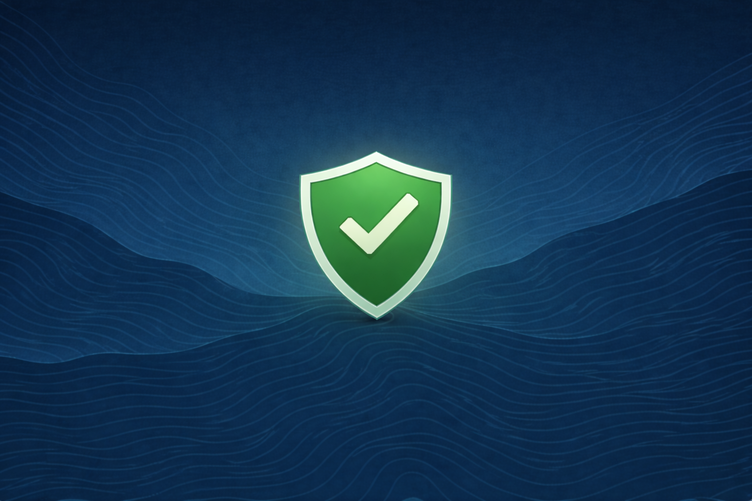 Green shield icon with a white checkmark on a blue, wavy background.