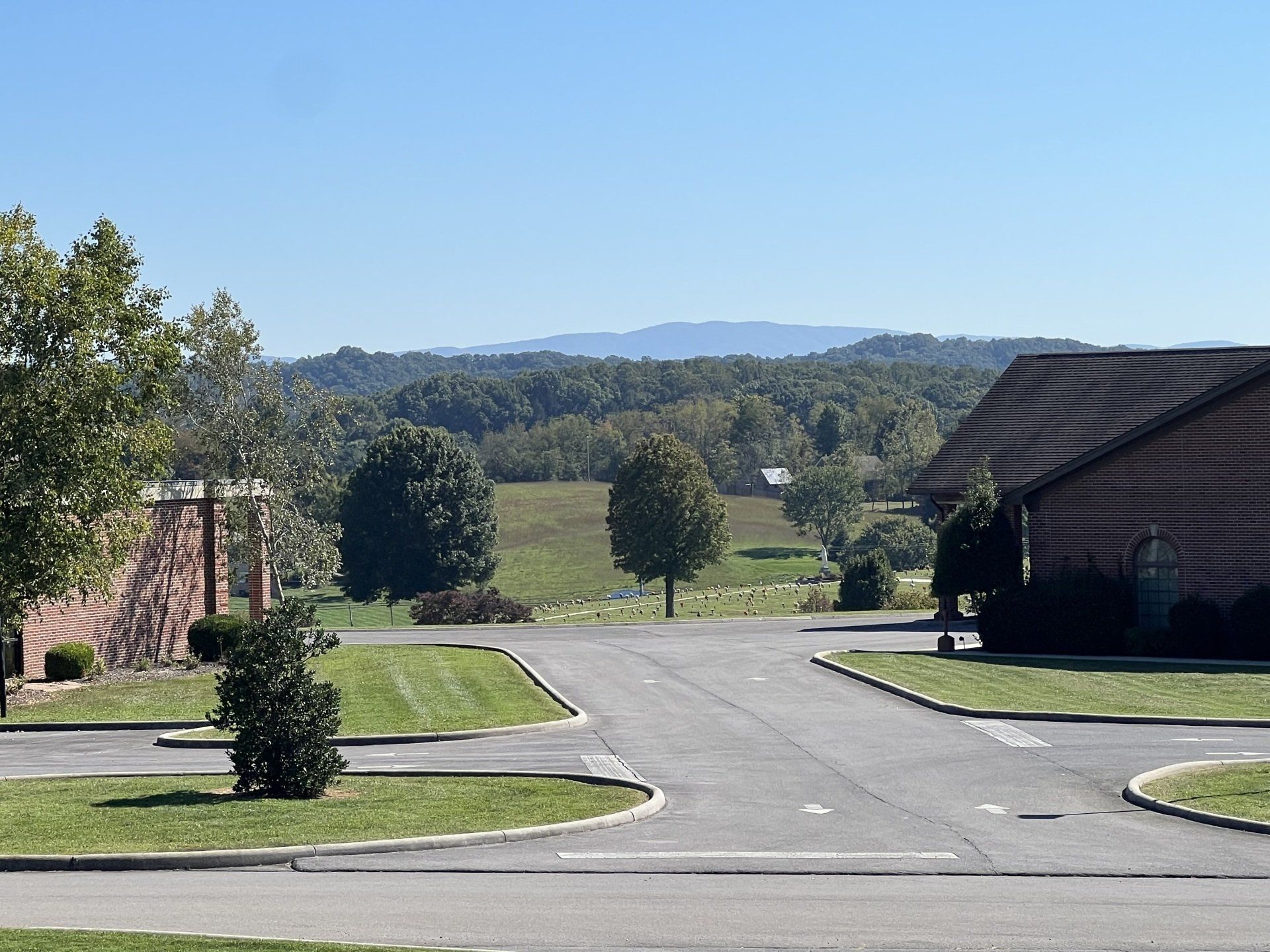 A view of a residential area with mountains in the background