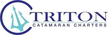 The logo for triton catamaran charters is blue and white.