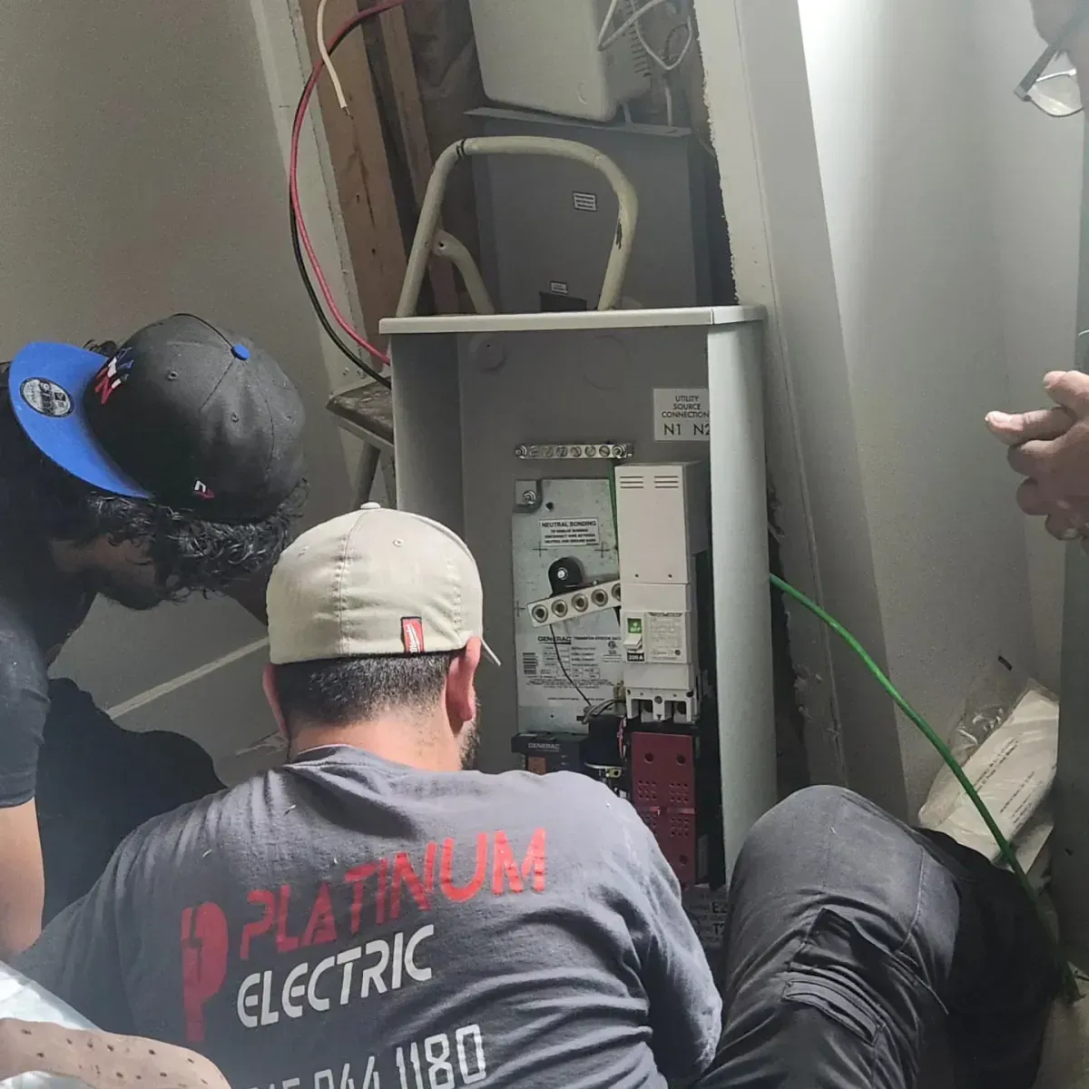 A man wearing a platinum electric shirt is working on an electrical box.