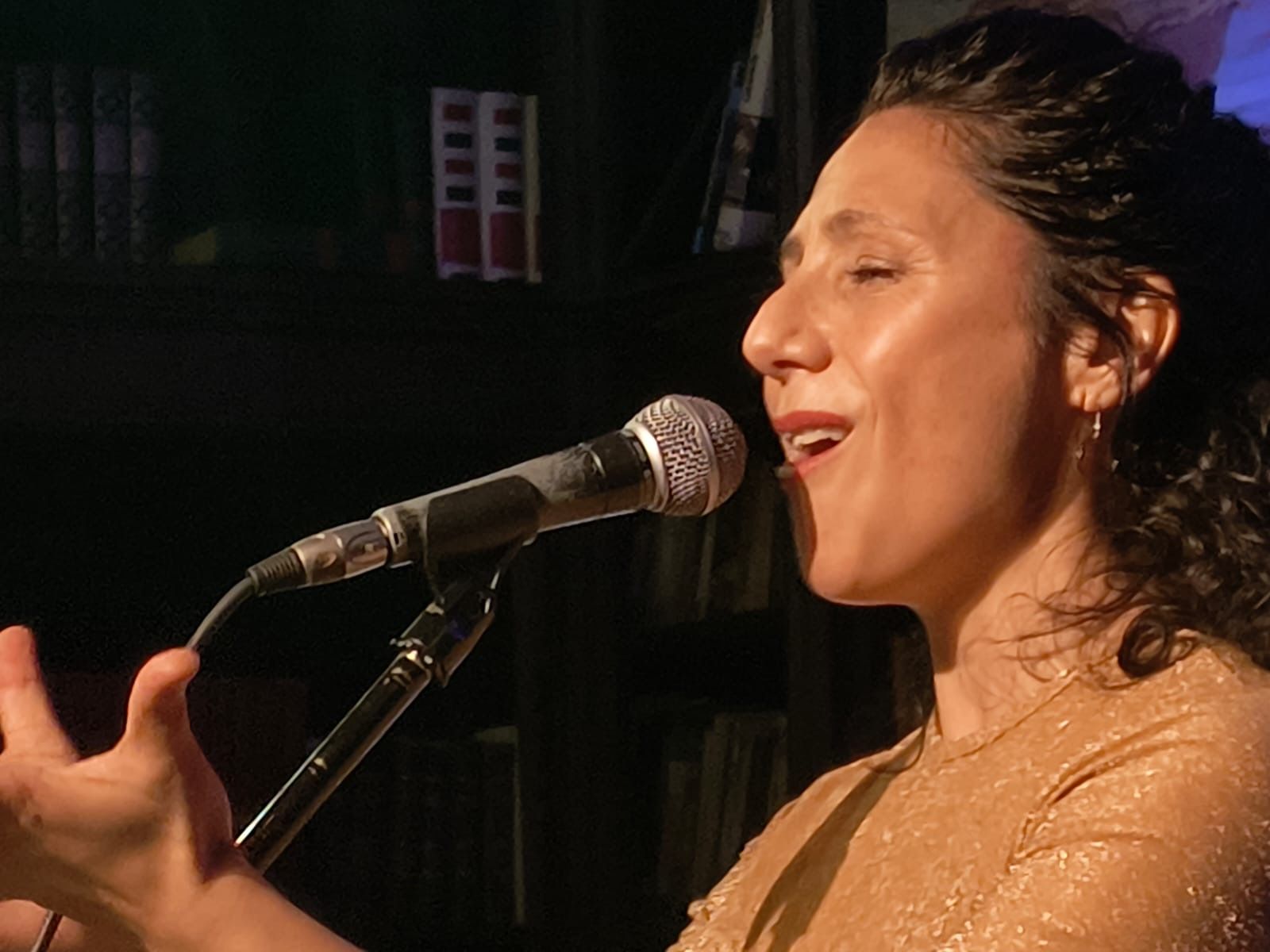 Mujer cantando ante un micrófono, iluminada por una luz cálida. Tiene cabello oscuro y una expresión boquiabierta.