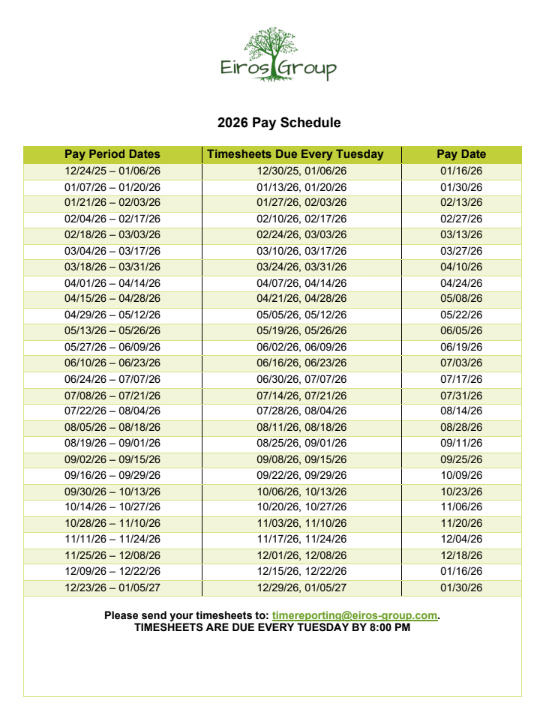 2026 Pay schedule from Eros Group, with pay period dates, timesheet due dates, and pay dates in a table format.