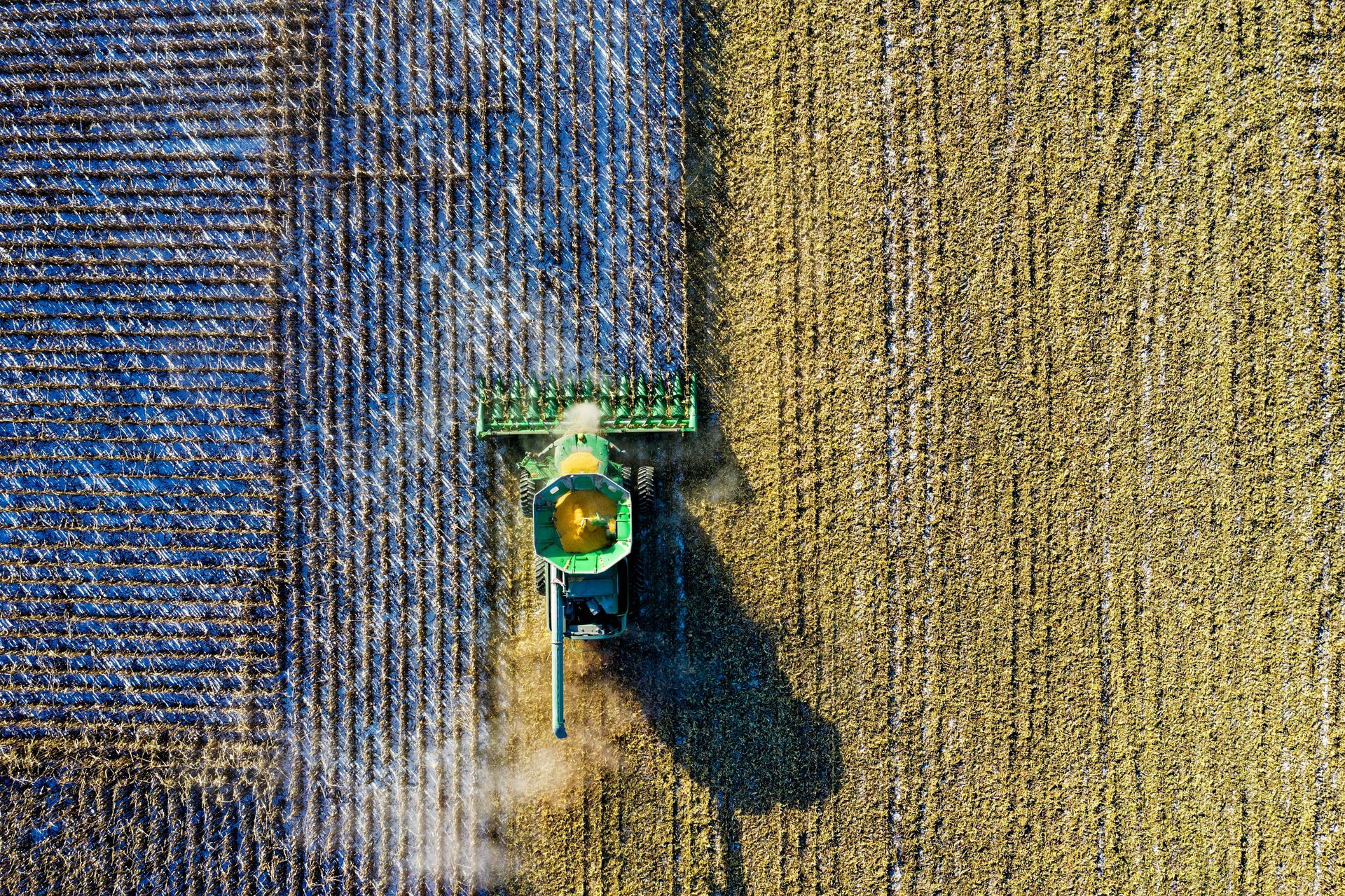 An overhead view of a tractor harvesting a crop in a field, with harvested and unharvested sections visible.