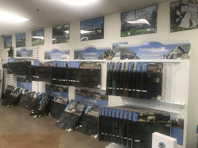 A showroom filled with a variety of roofing products.