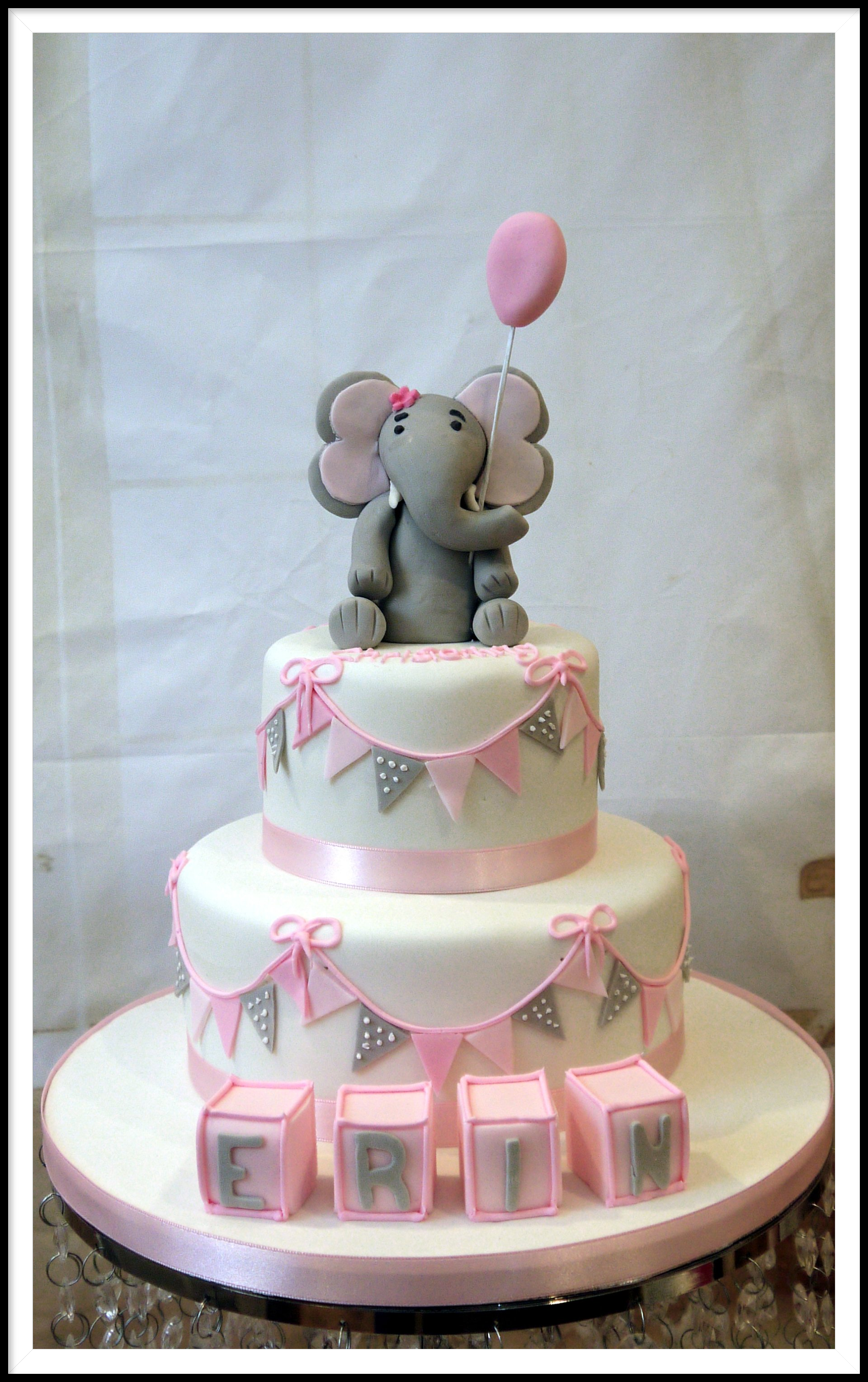 2 tier christening cake with baby elephant