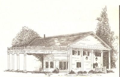 Pen drawing of a white building with columns, a porch, and trees on either side.