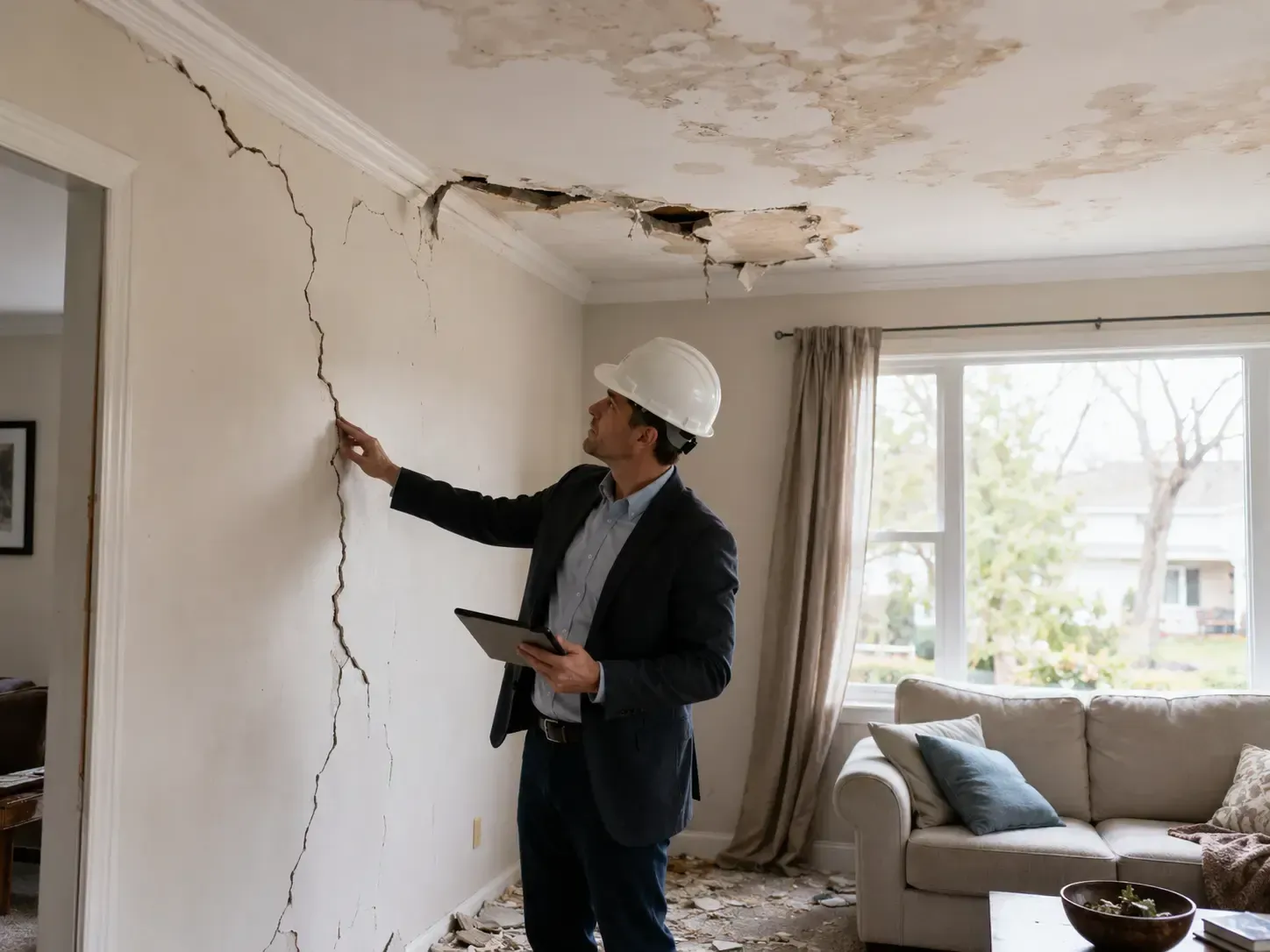 Forensic engineer documenting storm-related structural damage at a residential property while reviewing evidence for an insurance claim investigation.